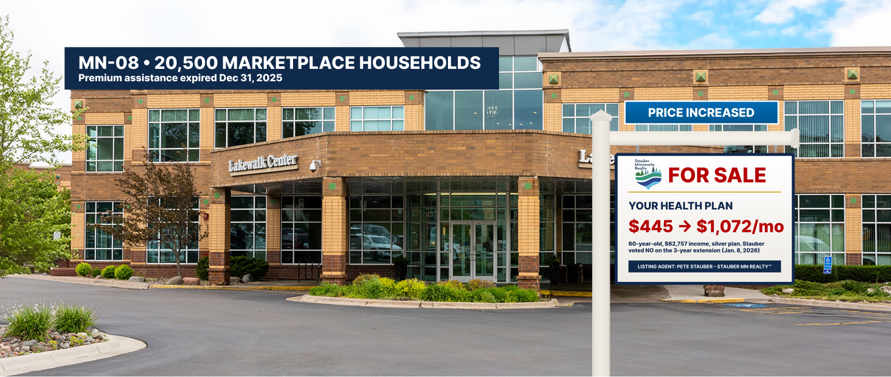 Illustrated real-estate sign: For Sale, your health plan, $445 to $1,072 a month