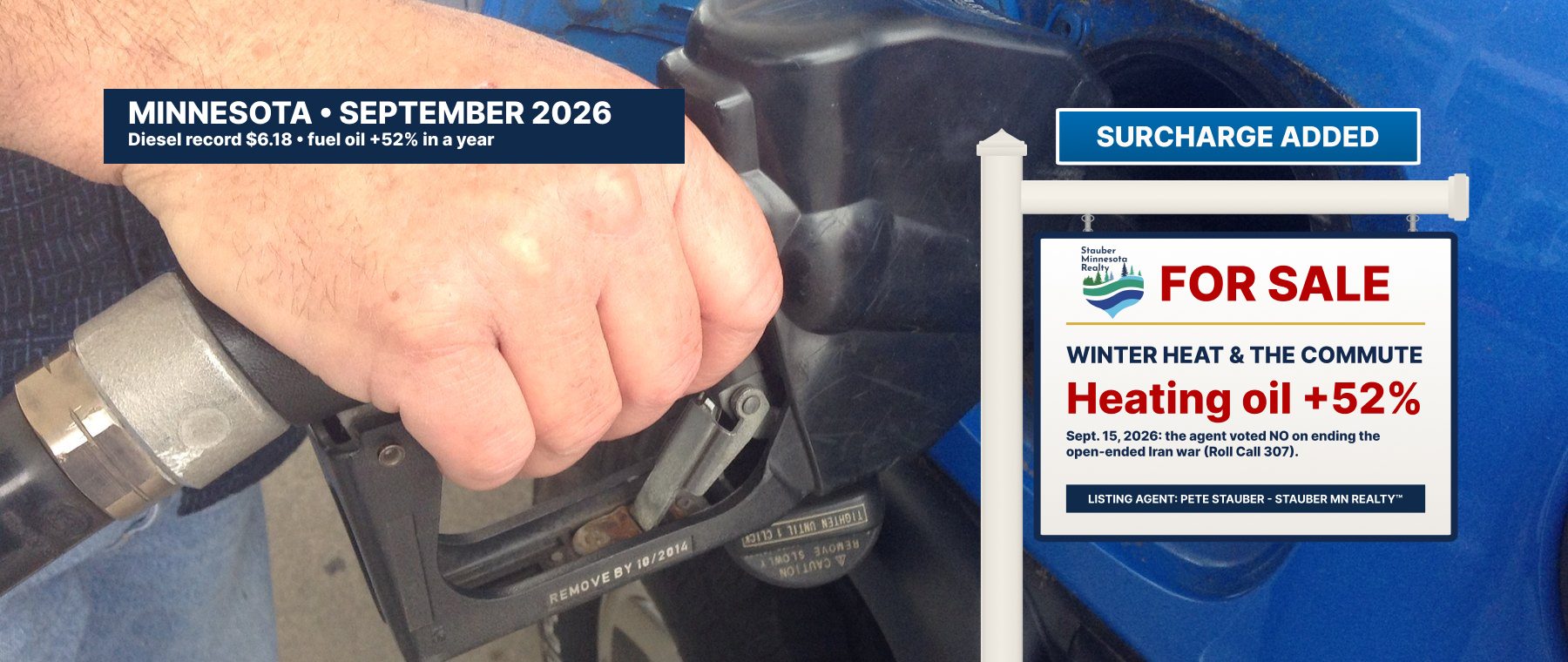Photo of a hand pumping gas with a Stauber Minnesota Realty sign: Minnesota, September 2026. For sale: winter heat and the commute. Heating oil up 52 percent.