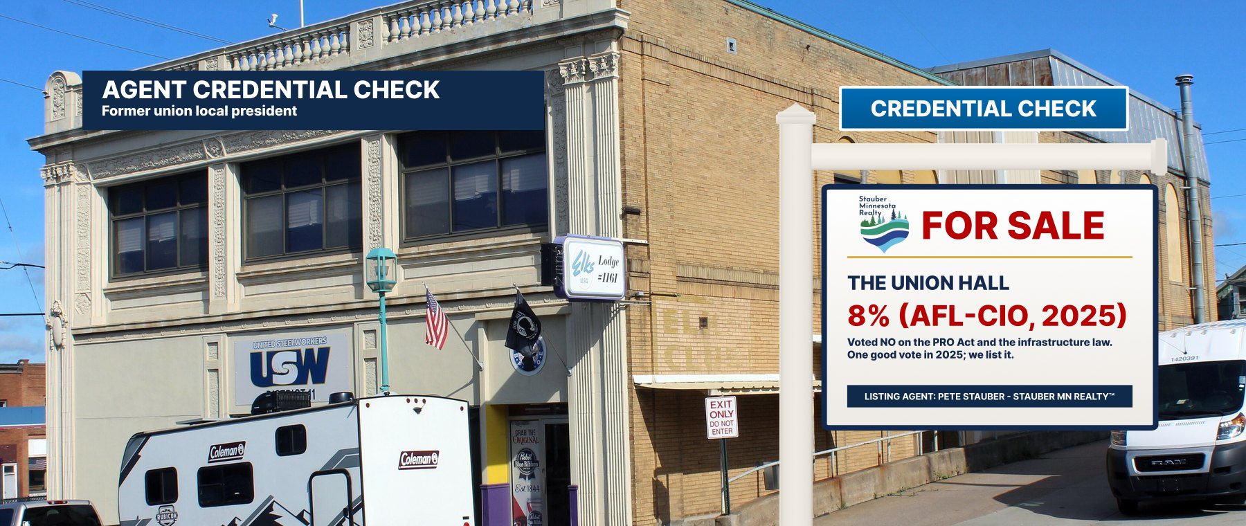 Photo of the United Steelworkers District 11 hall in Eveleth with a Stauber Minnesota Realty sign: Agent credential check. For sale: the union hall. 8 percent (AFL-CIO, 2025).