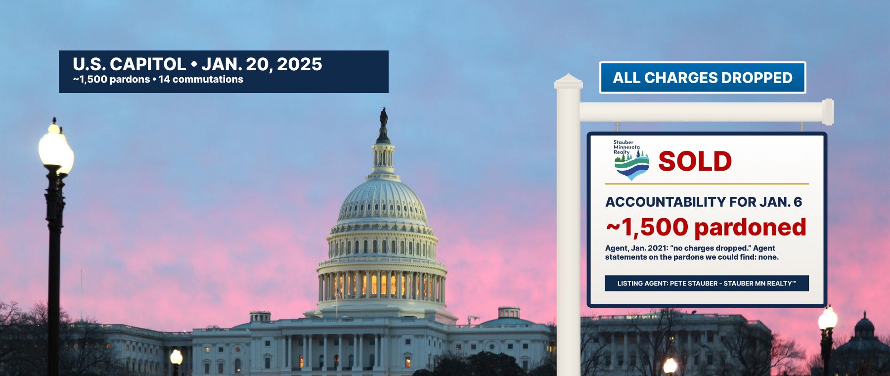 Photo of the U.S. Capitol at dawn with a Stauber Minnesota Realty sign: U.S. Capitol, Jan. 20, 2025. Sold: accountability for Jan. 6. About 1,500 pardoned.
