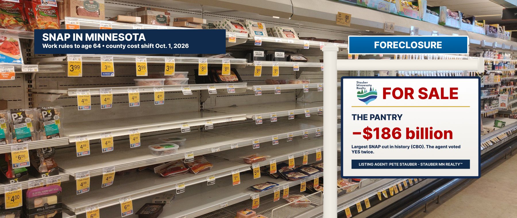 Photo of a grocery aisle with empty shelves with a Stauber Minnesota Realty sign: SNAP in Minnesota. For sale: the pantry. Minus $186 billion.