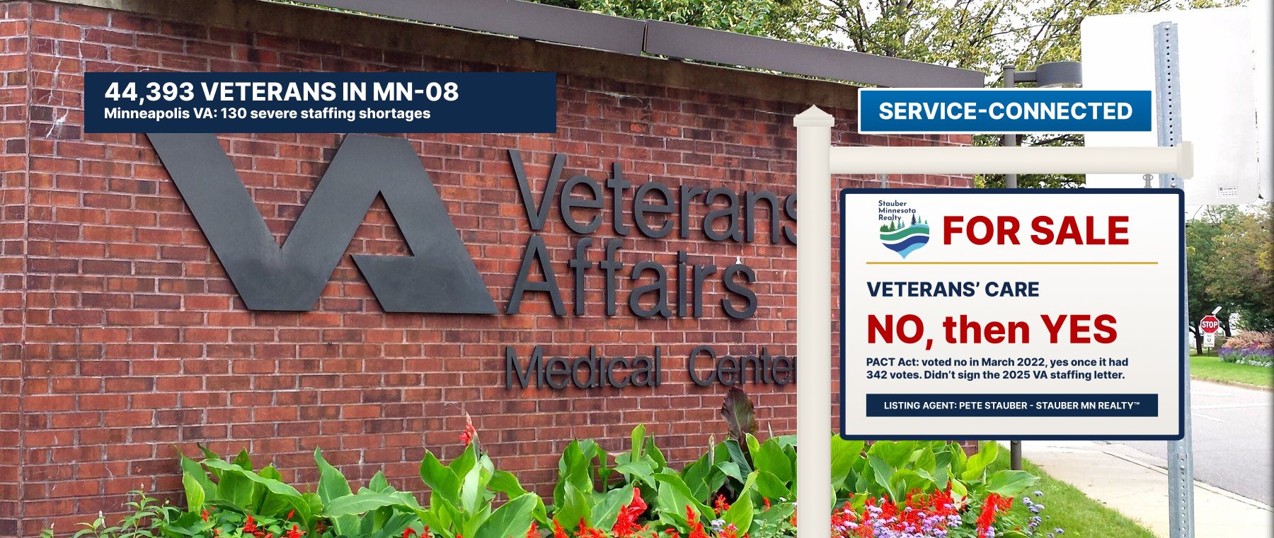 Photo of a VA medical center with a Stauber Minnesota Realty sign: 44,393 veterans in MN-08. For sale: veterans' care. No, then yes.